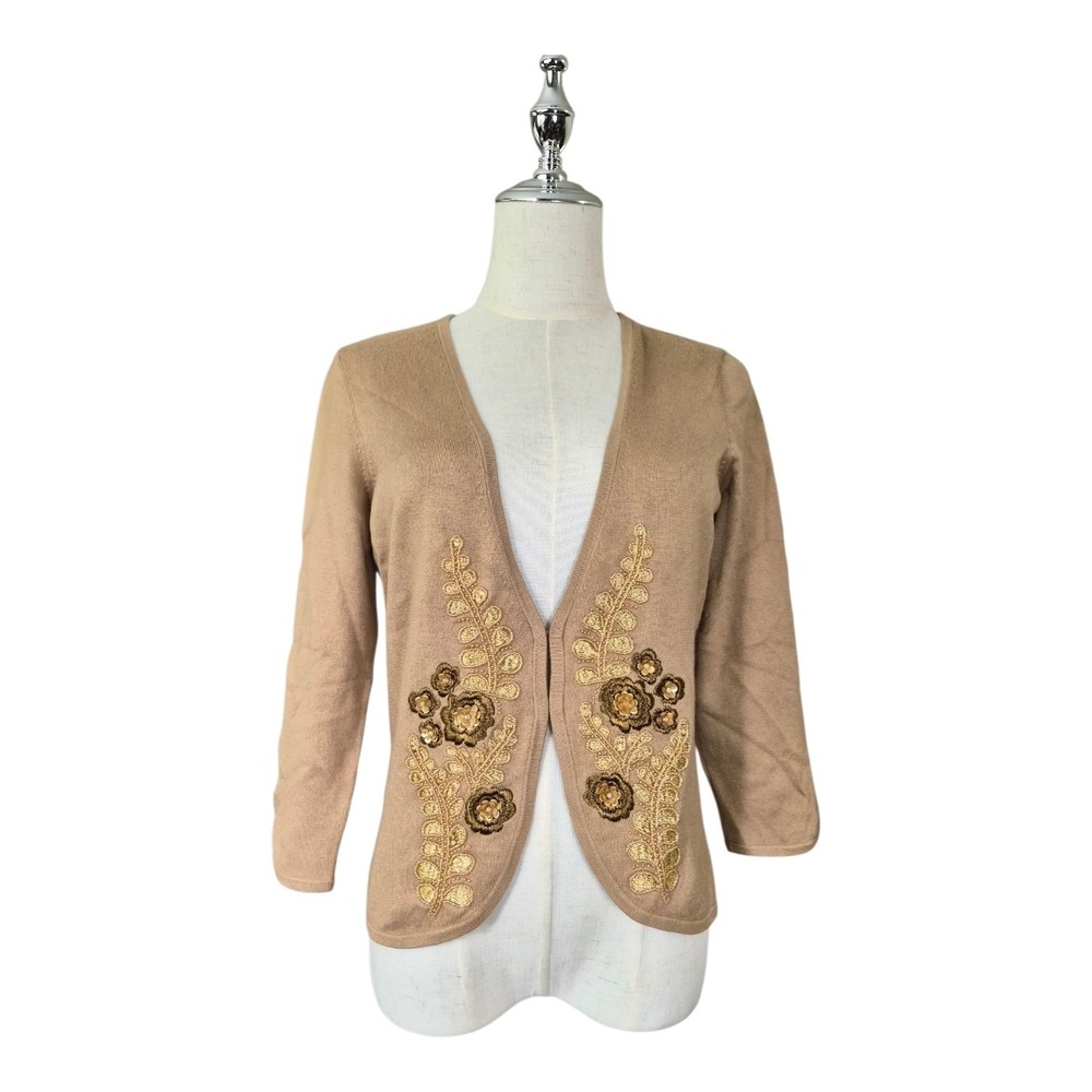 Ann Taylor Embellished Silk Cashmere Cardigan Beaded‎ Embroidered Tan Xs Nwt